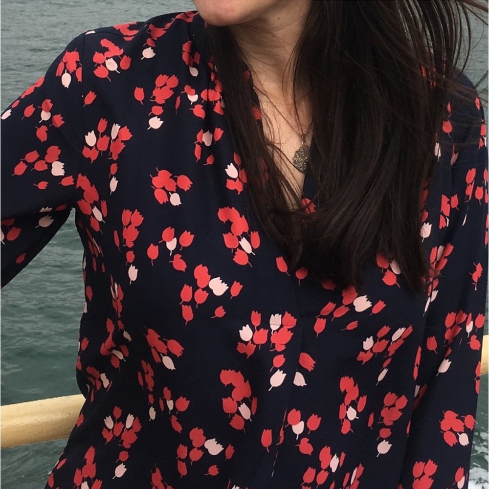LOFT Floral Print V-Neck Blousy 3/4 Sleeve Dress